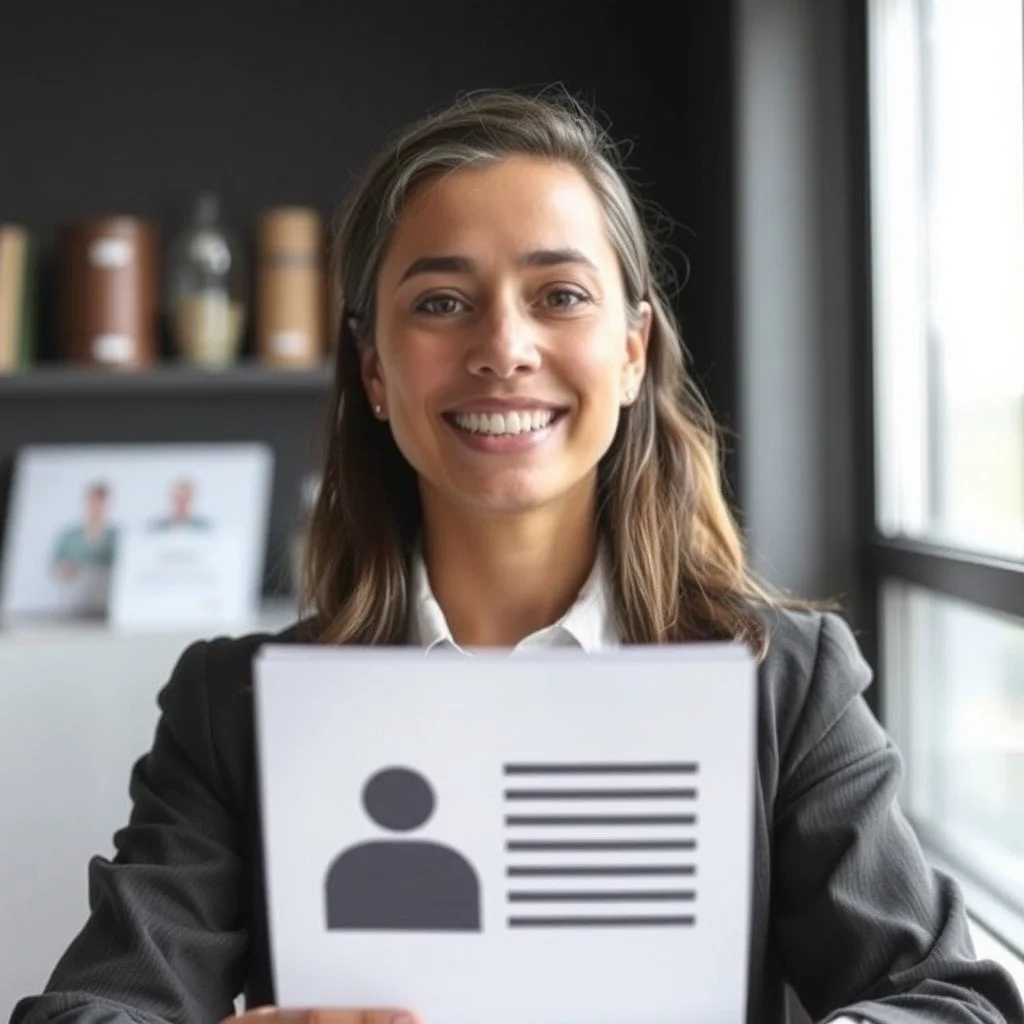 Smiling person holding a resume, seated in an office setting with shelves and window in background.
