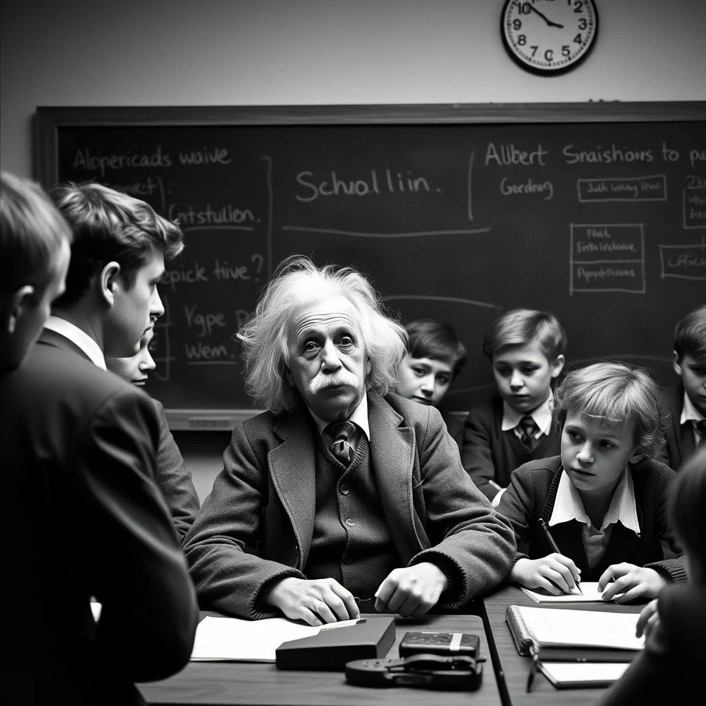 A black and white photo of Albert Einstein sitting at a desk surrounded by students in a classroom with a blackboard behind him and a clock on the wall.