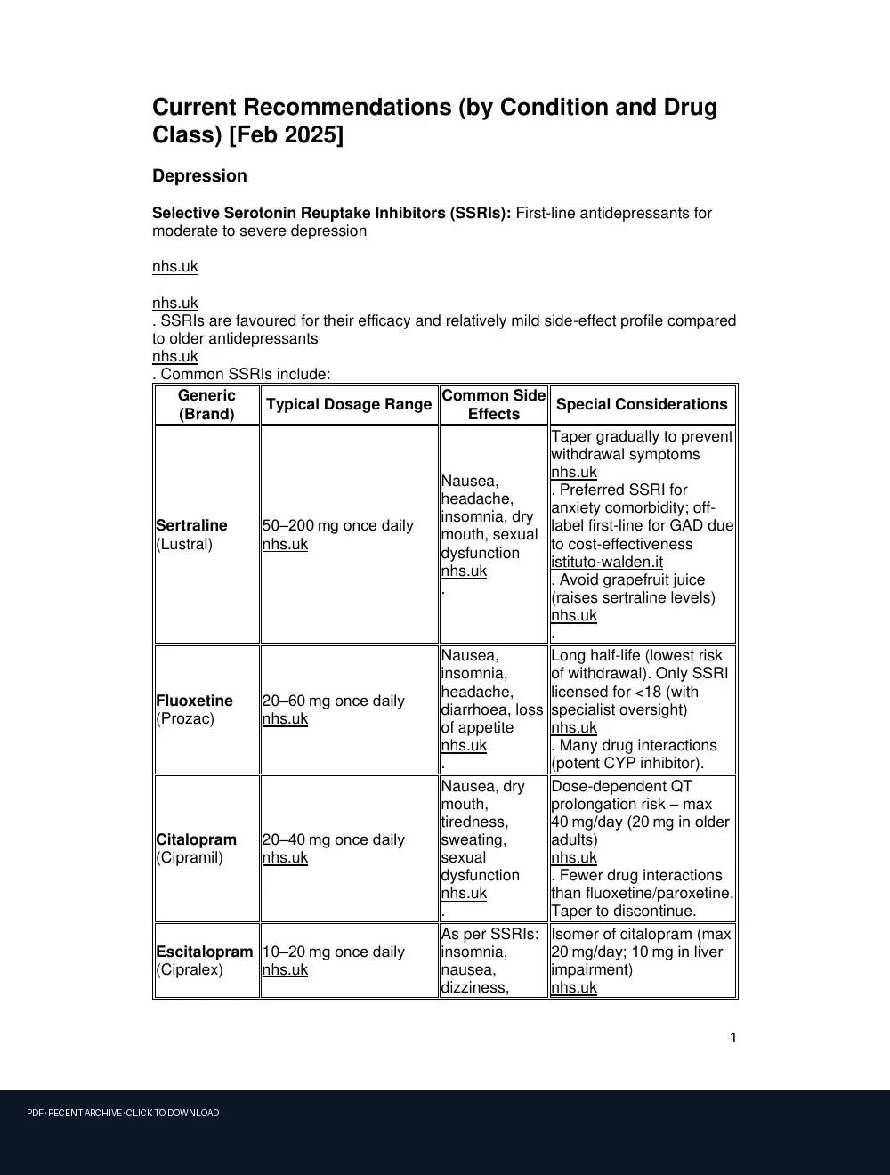 First-page preview of PDF: Current MH Medication Recommendations