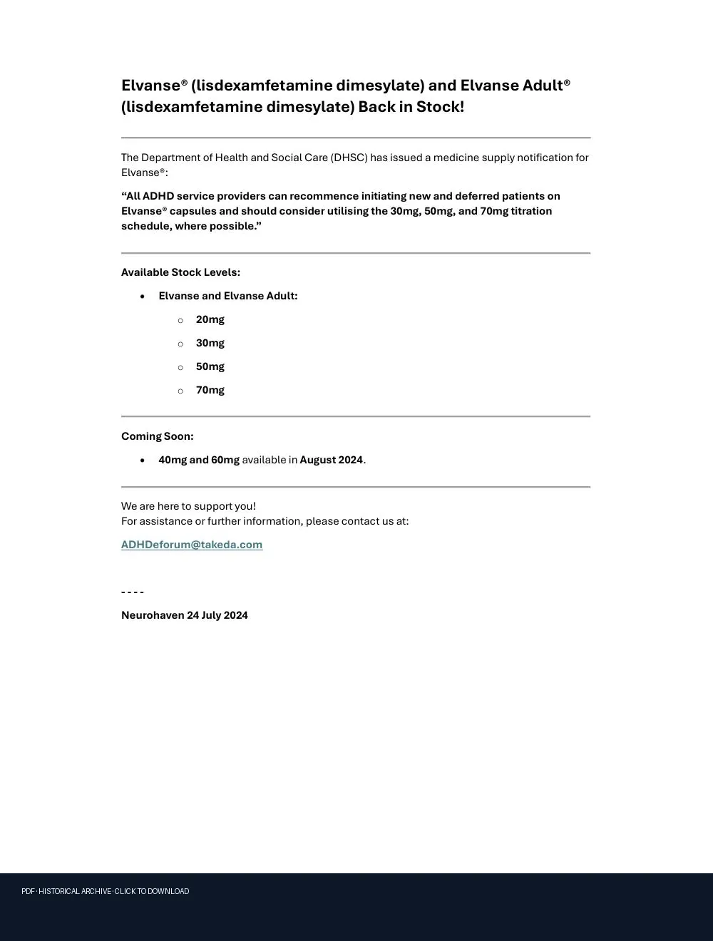 First-page preview of PDF: Elvanse Update July 2024