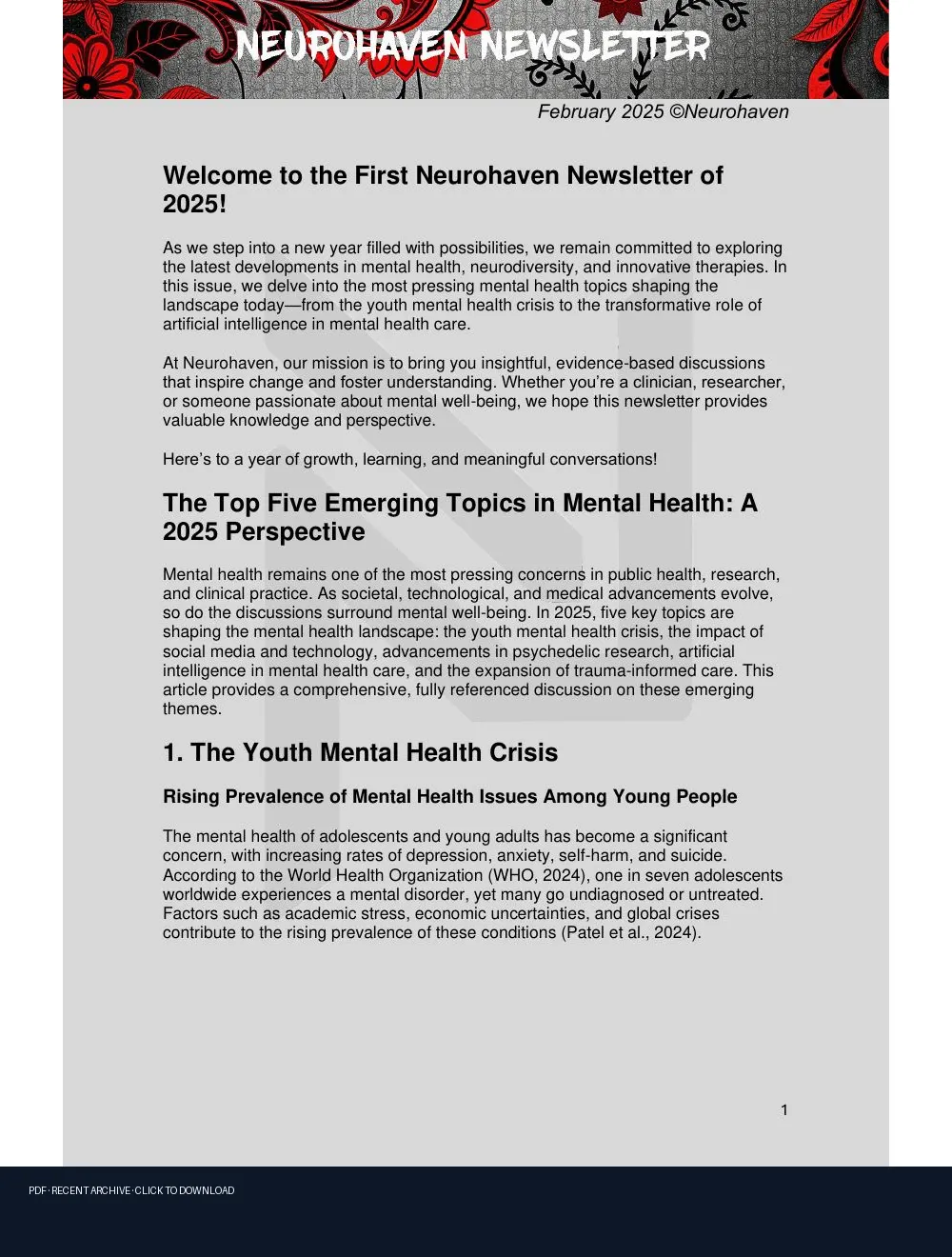 First-page preview of PDF: February 2025 Neurohaven Newsletter