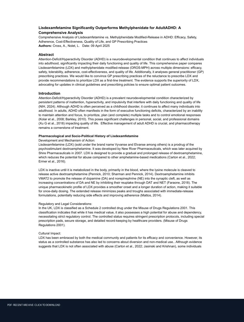First-page preview of PDF: Lisdexamfetamine Significantly Outperforms Methylphenidate for Adult ADHD: A Comprehensive Analysis
