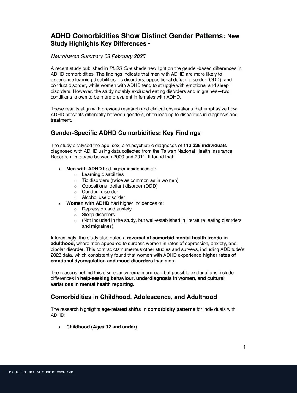 First-page preview of PDF: Microsoft Word - ADHD Comorbidities Show Distinct Gender Patterns.docx