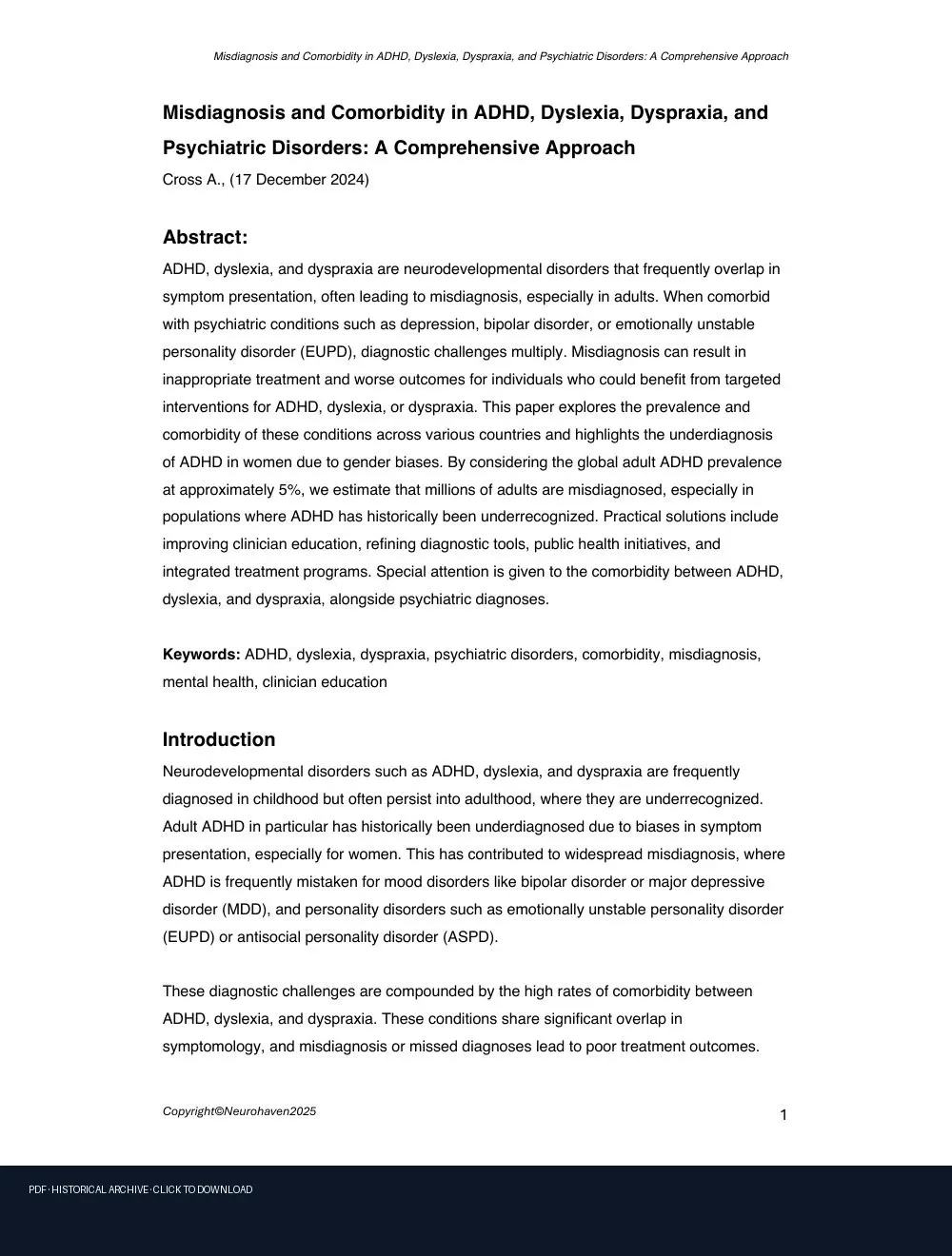 First-page preview of PDF: Microsoft Word - Misdiagnosis and Comorbidity in ADHD.docx