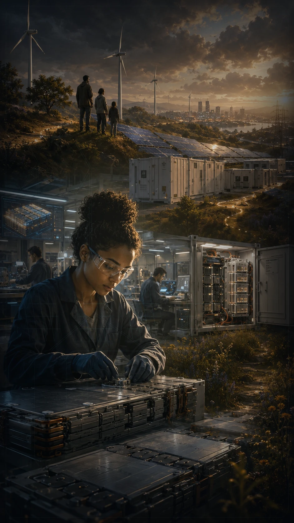 Engineers working with renewable power, energy storage and clean infrastructure in a wind-and-solar landscape.
