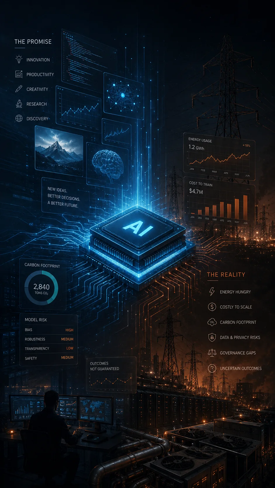 A vertical AI infrastructure illustration contrasting innovation with energy use, cost, risk and governance.