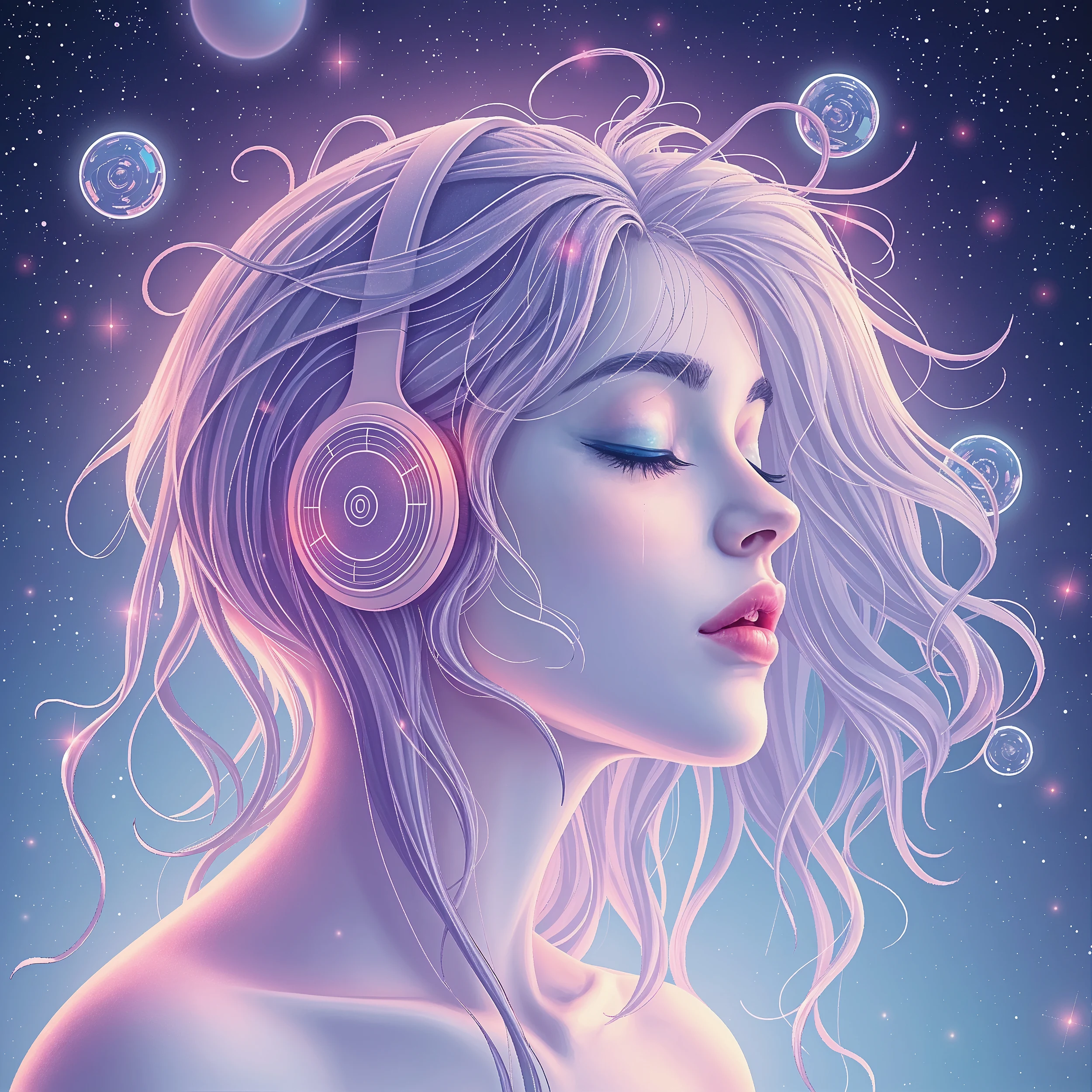 Fantasy art of a woman with headphones, glowing hair, and closed eyes in a starry space background.