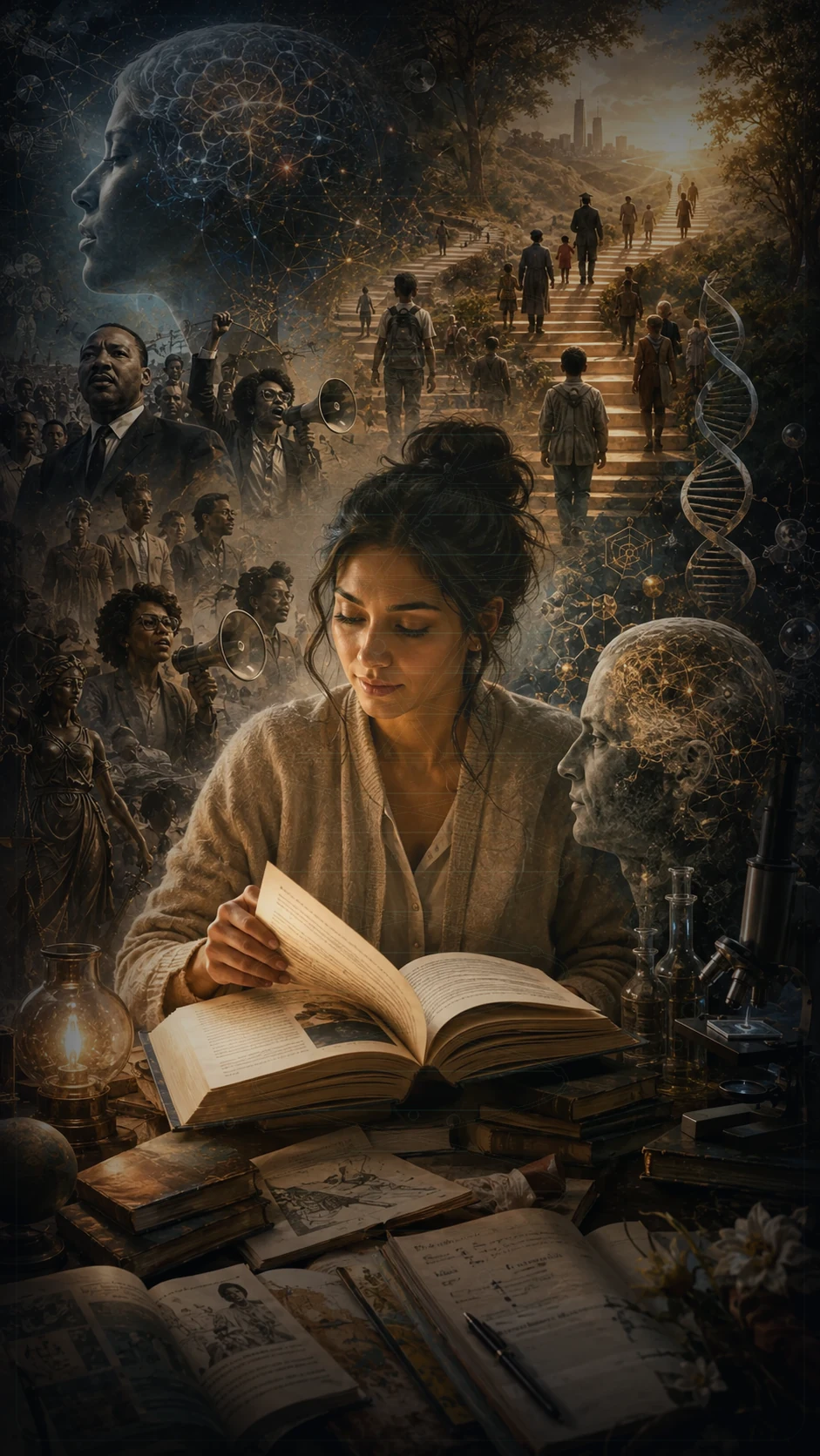 A scientist studying genetics amid DNA, medical research, human history and ethical questions.