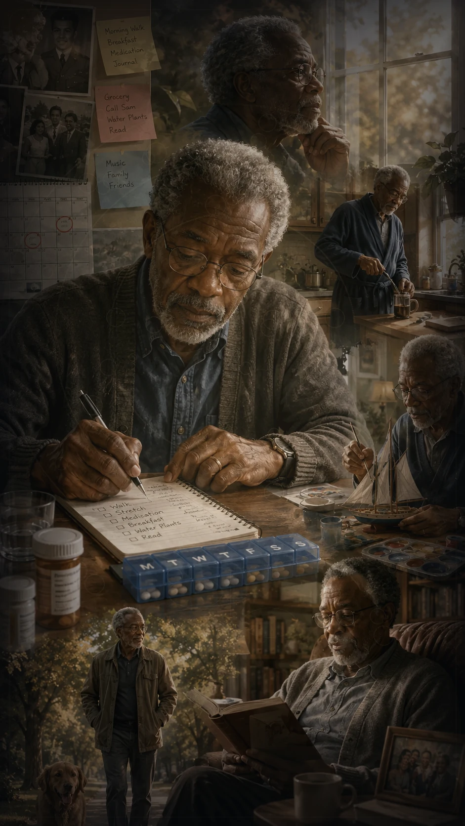 An older man maintaining routines, medication, creativity, walking, reading and social connection.