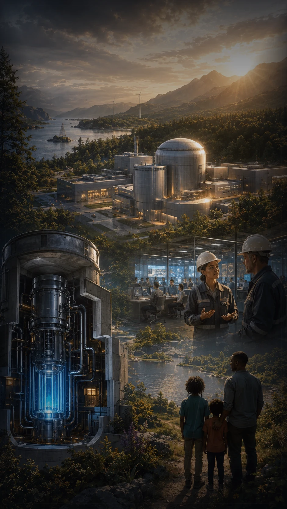 A next-generation energy complex with a glowing experimental reactor, engineers and families in a mountain landscape.