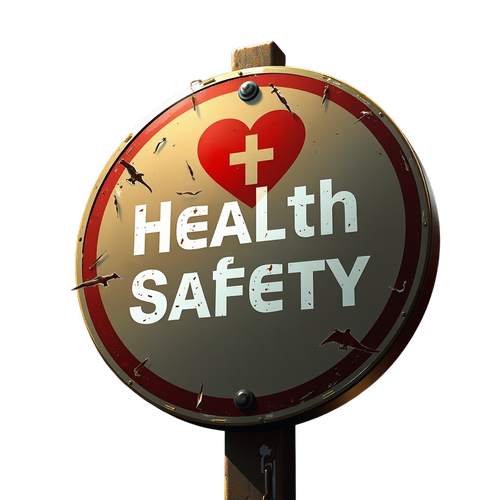 Rusty sign with the words "Health Safety" in white and a red heart with a cross on a dark background.