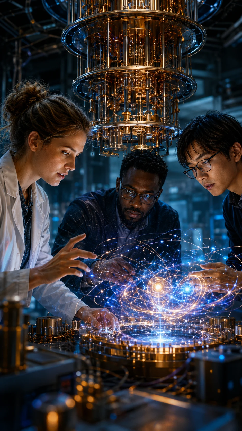 Scientists gathered around a luminous quantum system in a high-tech laboratory.