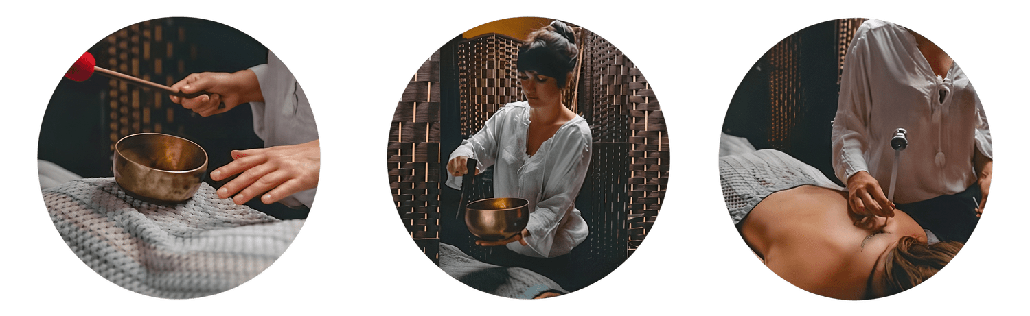 Collage of a person using a singing bowl in a spa setting, featuring sound therapy with a mallet and a relaxing environment.